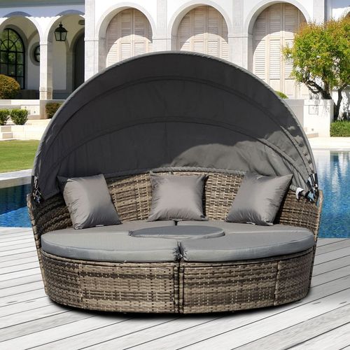 Outsunny 5 PCs Cushioned Outdoor Plastic Rattan Round Sofa Bed Table Set Grey