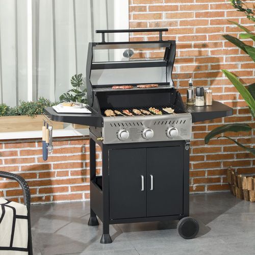 Outsunny 3 Burner Propane Gas BBQ Grill with See-through Lid and Thermometer