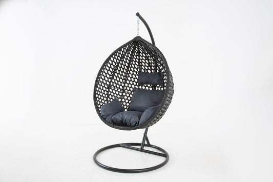 The Onyx Black Hanging Swing Pod Egg Chair - Large with deep Grey Cushions